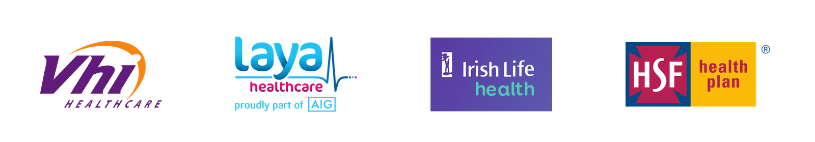 image of major major medical health insurance brands including vhi healthcare, laya healthcare, irish life health and hsf health plan